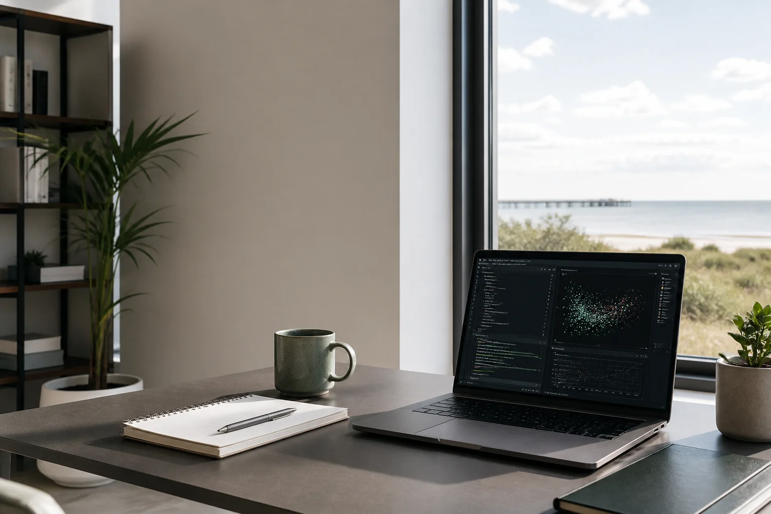A modern software consulting workspace overlooking the North Carolina coast